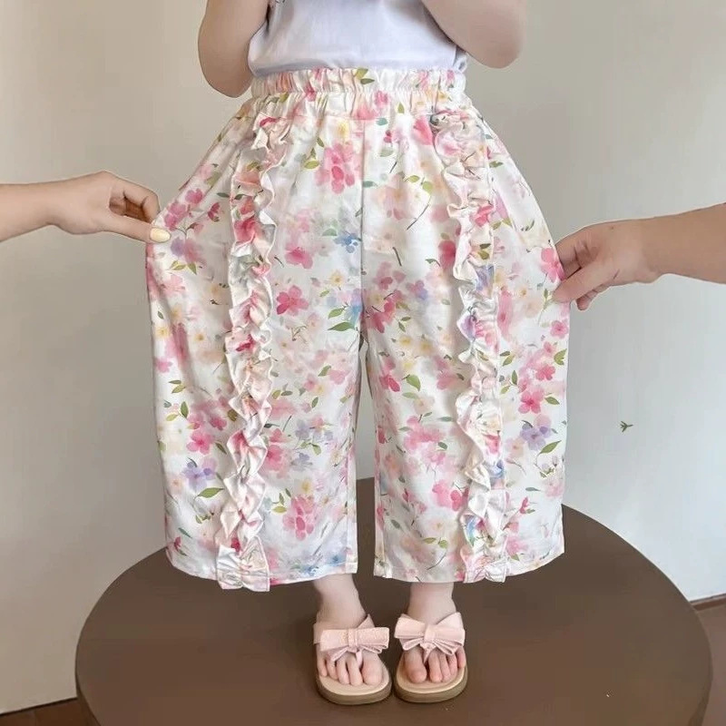 Kids Floral Ruffled Wide-Leg Pants