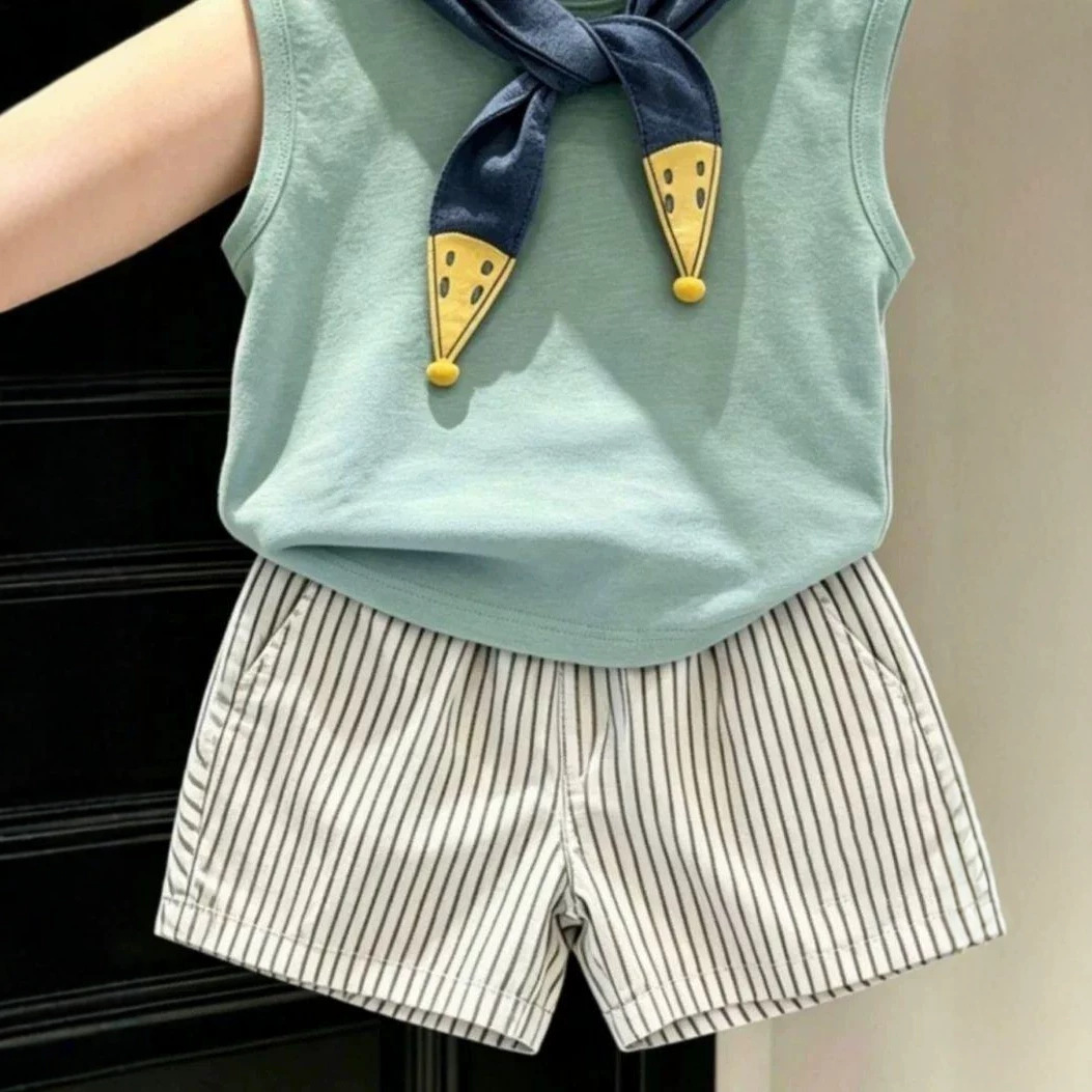 Kids Tie Vest Top and Stripe Short Pants Set