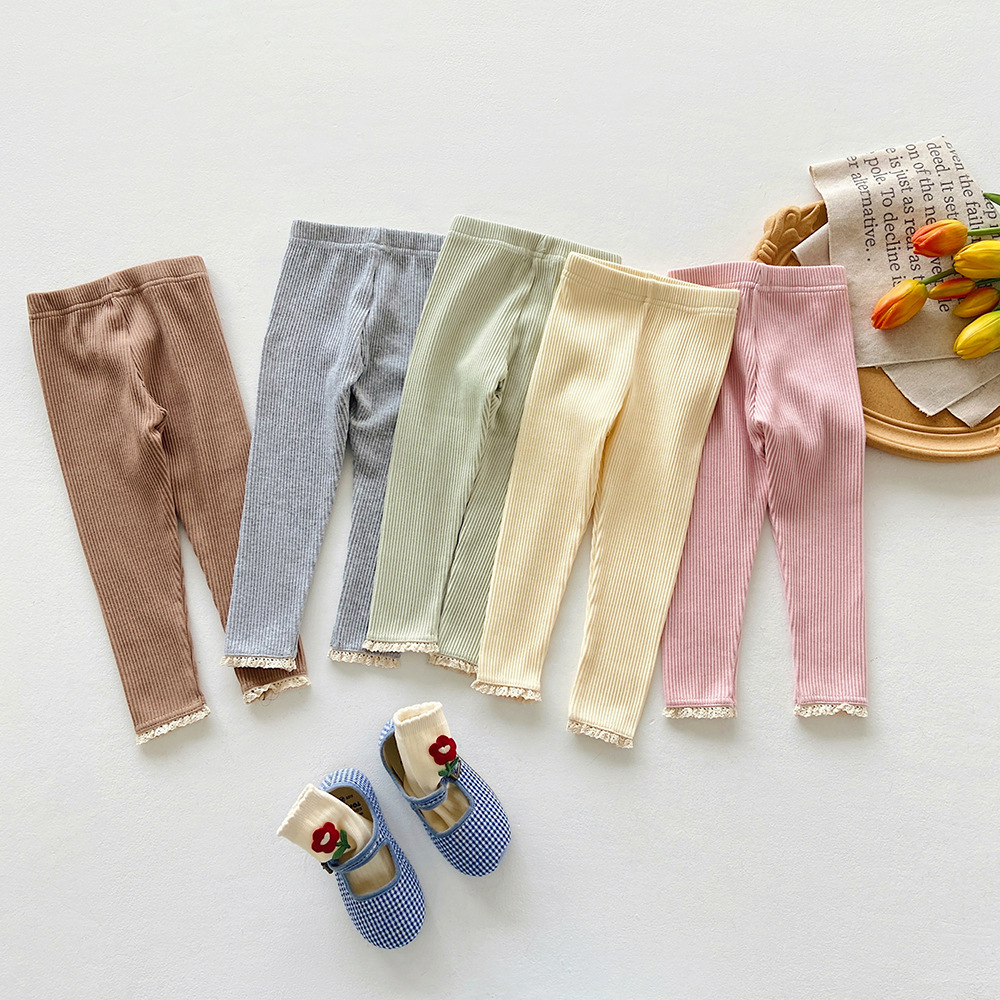 Kids Solid Color Striped Lace Trim Leggings