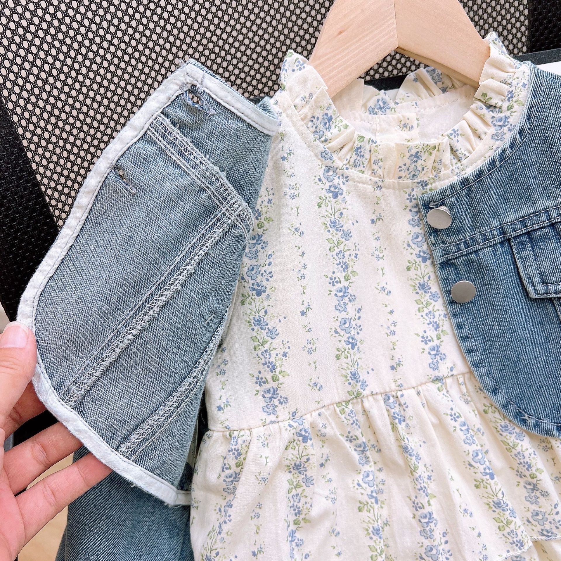 Kids Denim Outerwear and Floral Tiered Dress Set