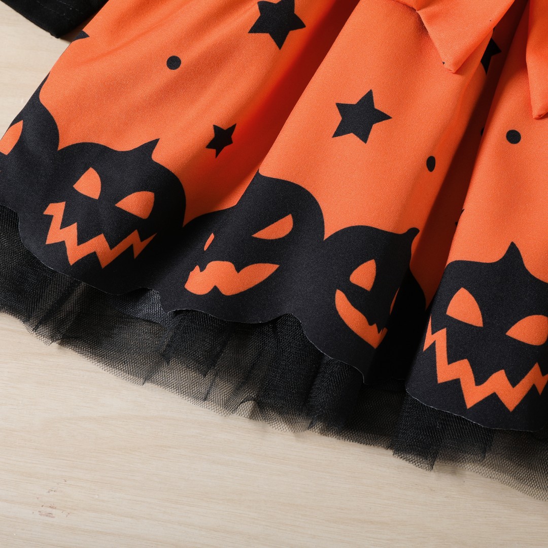 Kids Halloween Long-Sleeve Contrasting Colors Bow Dress