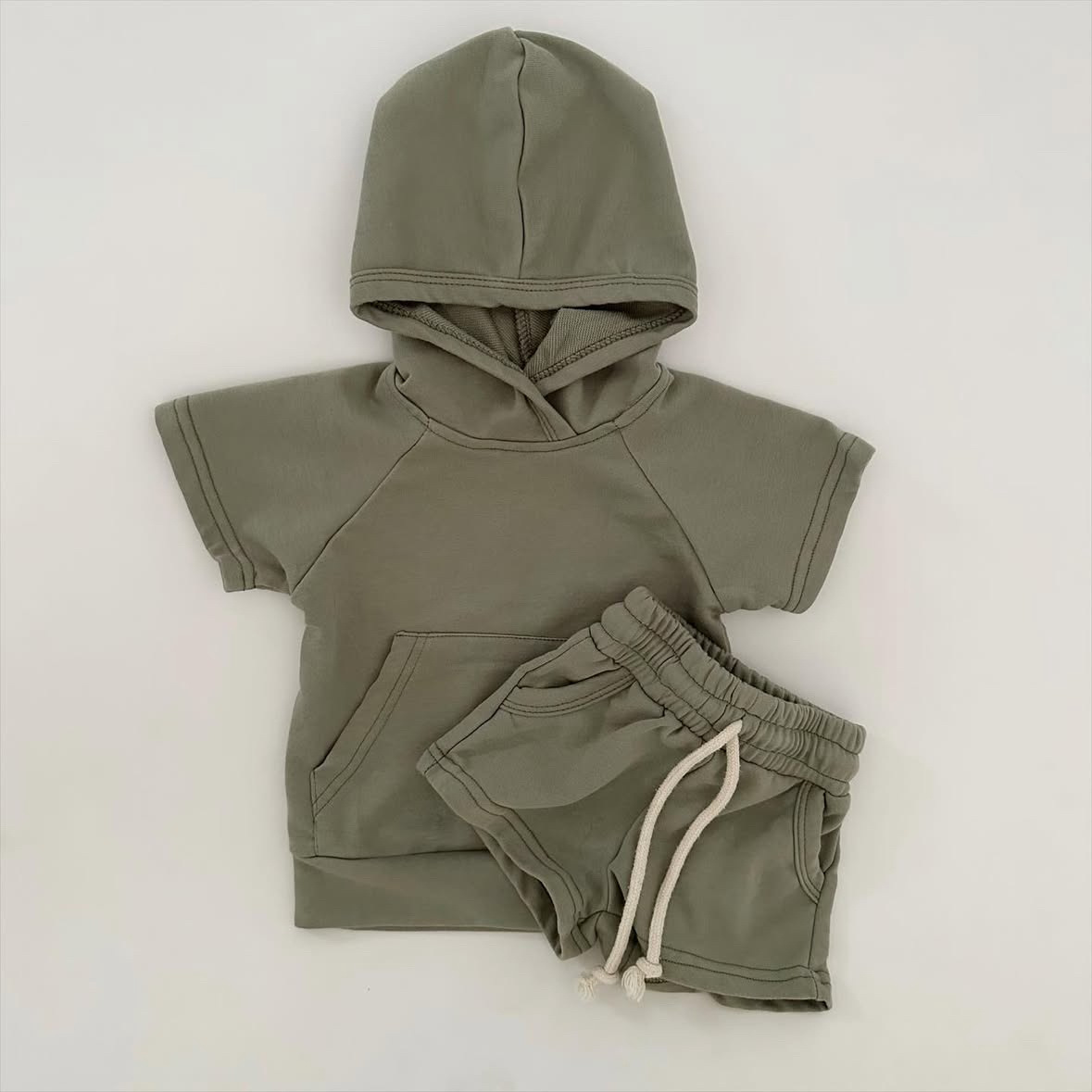 Baby Toddler Solid Color Hooded Top and Short Pants Set