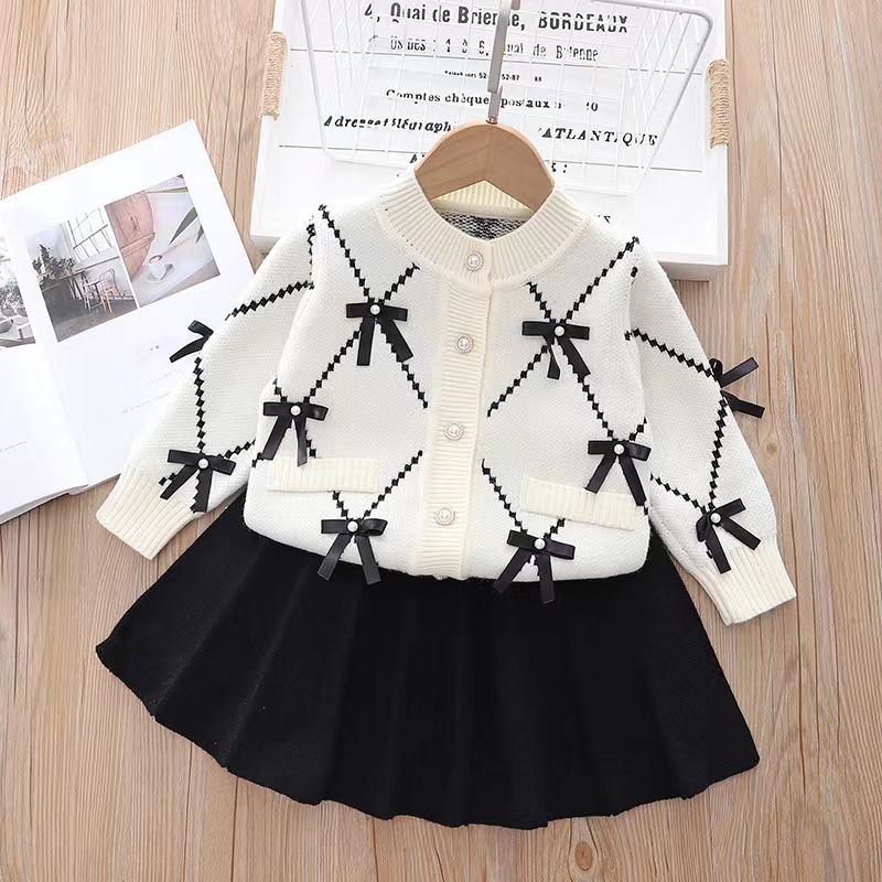 Kids Plaid Bow Sweater Cardigan and Bell Pants/Skirt Set