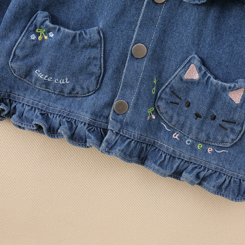 Kids Cat Bow Ruffle Trim Denim Outerwear
