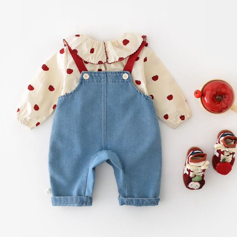 Baby Apple Embroidered Denim Overalls