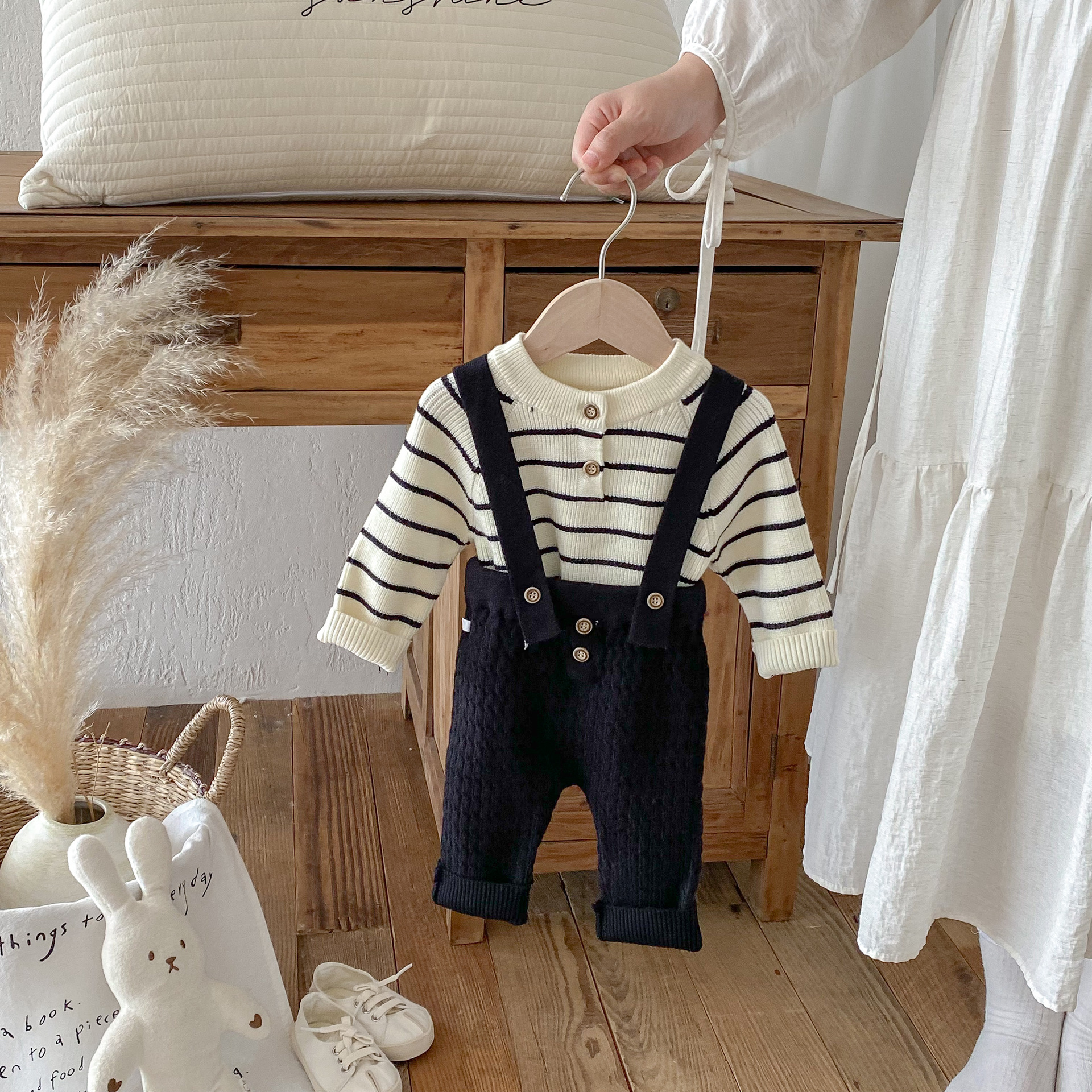 Baby Striped Sweater Overalls Set
