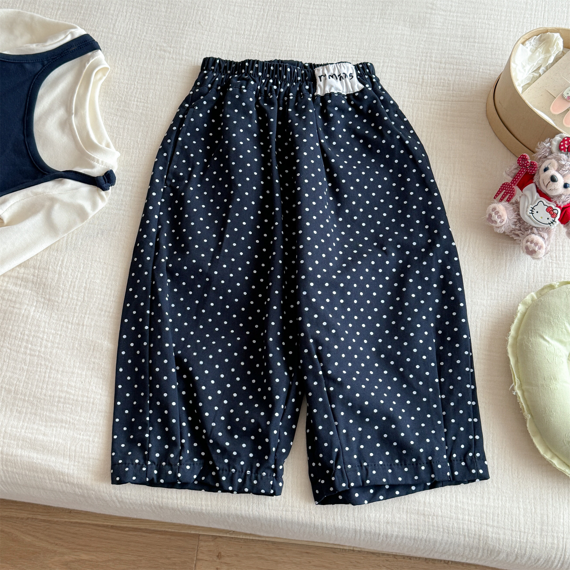 Kids Lace Faux Two-Piece Top and Polka Dot Pants Set
