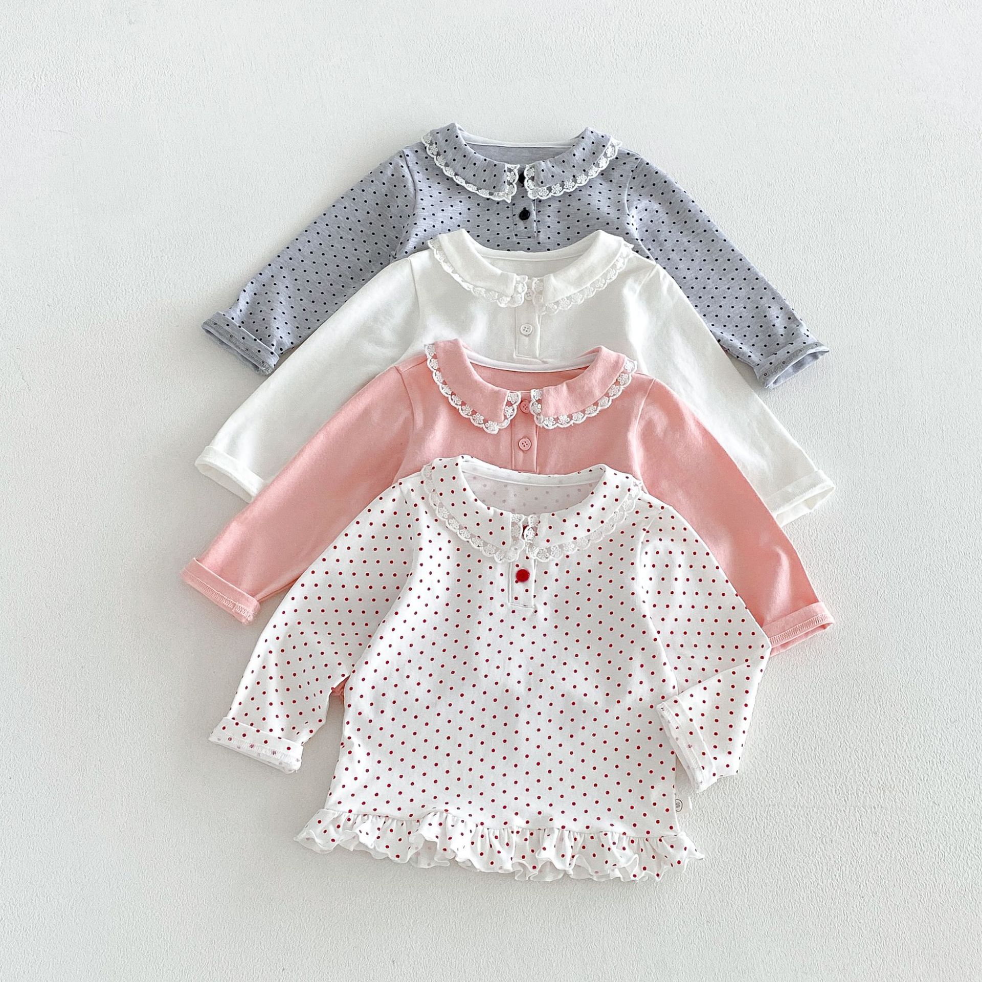 Kids Lace Lapel Polka Dots T-shirt