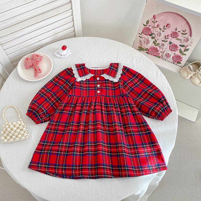 Kids Christmas Lace Collar Checkered Dress