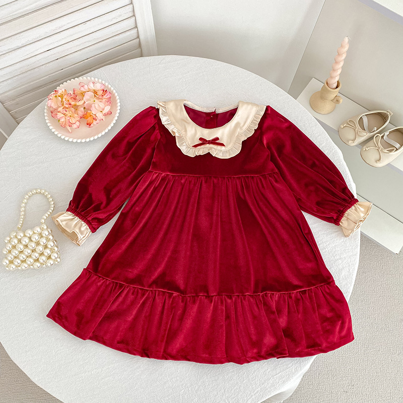 Kids Christmas Bow Collar Velvet Dress