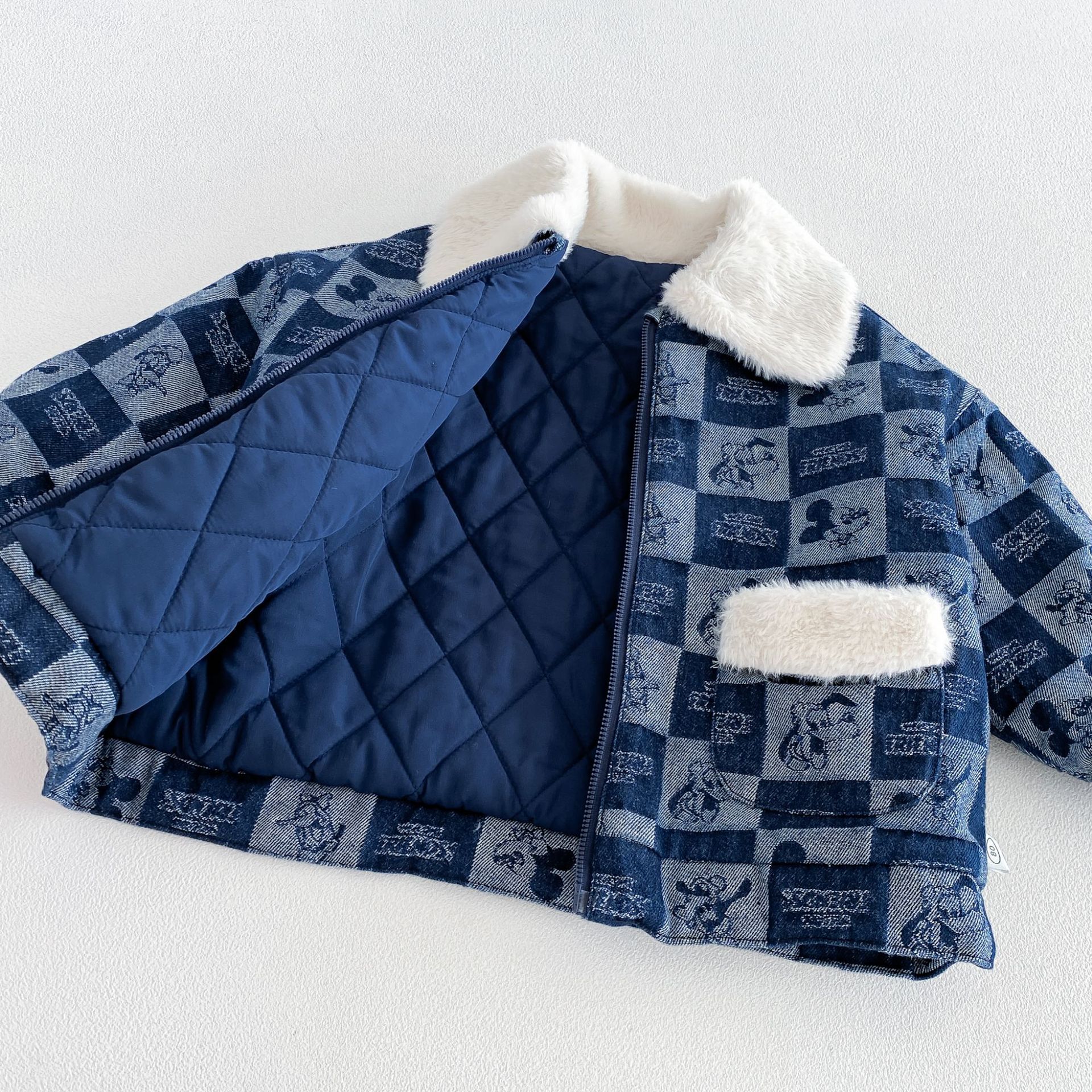 Kids Checkered Cartoon Animals Thickened Outerwear