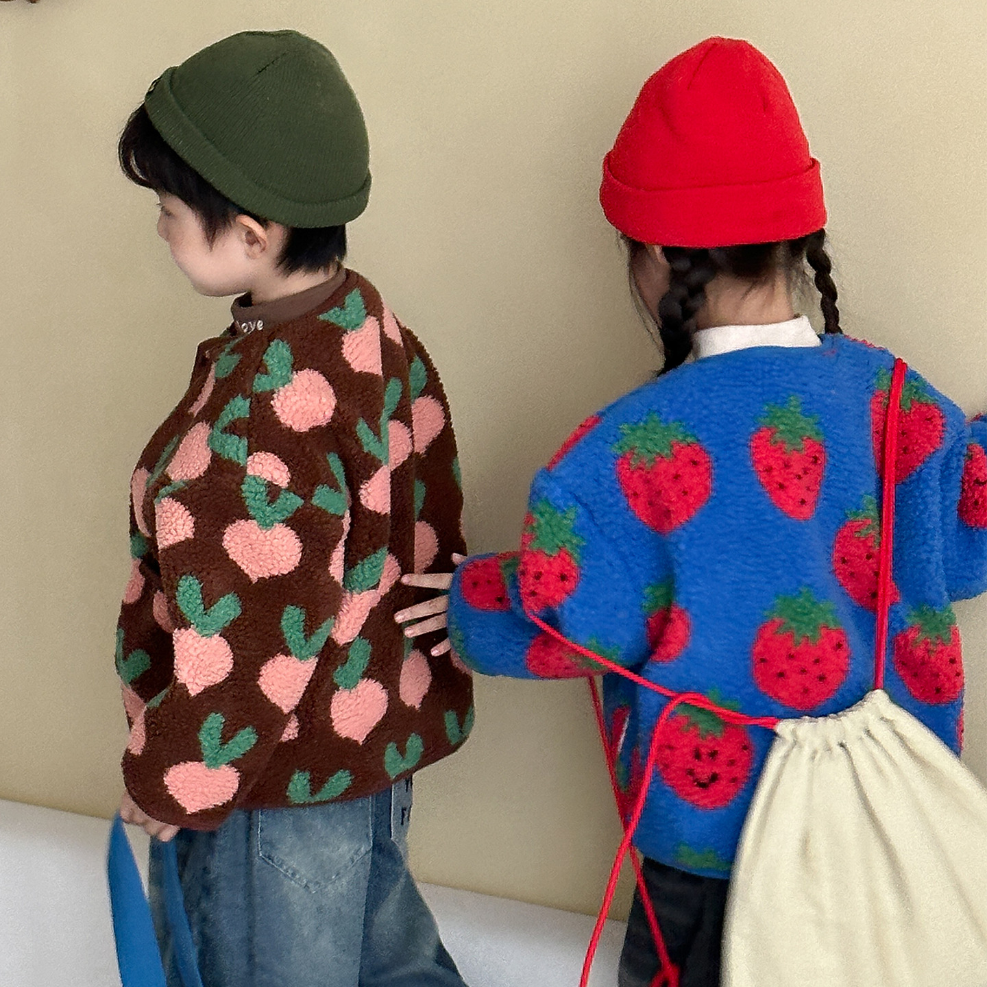 Kids Fruit Animals Print Lambswool Outerwear
