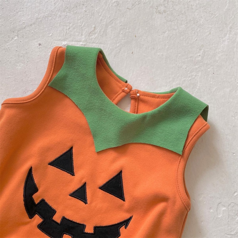 Baby Halloween Sleeveless Pumpkin Print Romper （Includes hat）