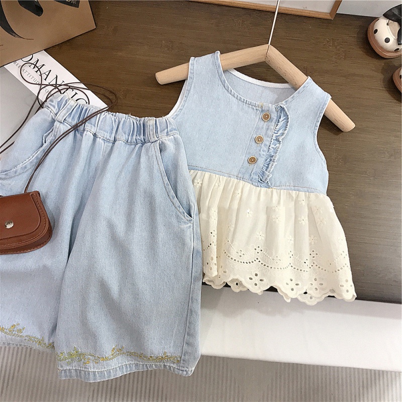 Baby Toddler Girls 2-Piece Lace Denim Patchwork Set