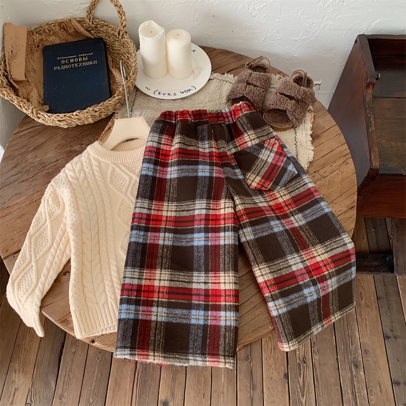 Baby Toddler Warm Tweed Plaid Wide-Leg Pants