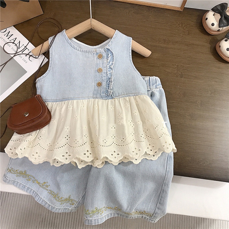 Baby Toddler Girls 2-Piece Lace Denim Patchwork Set