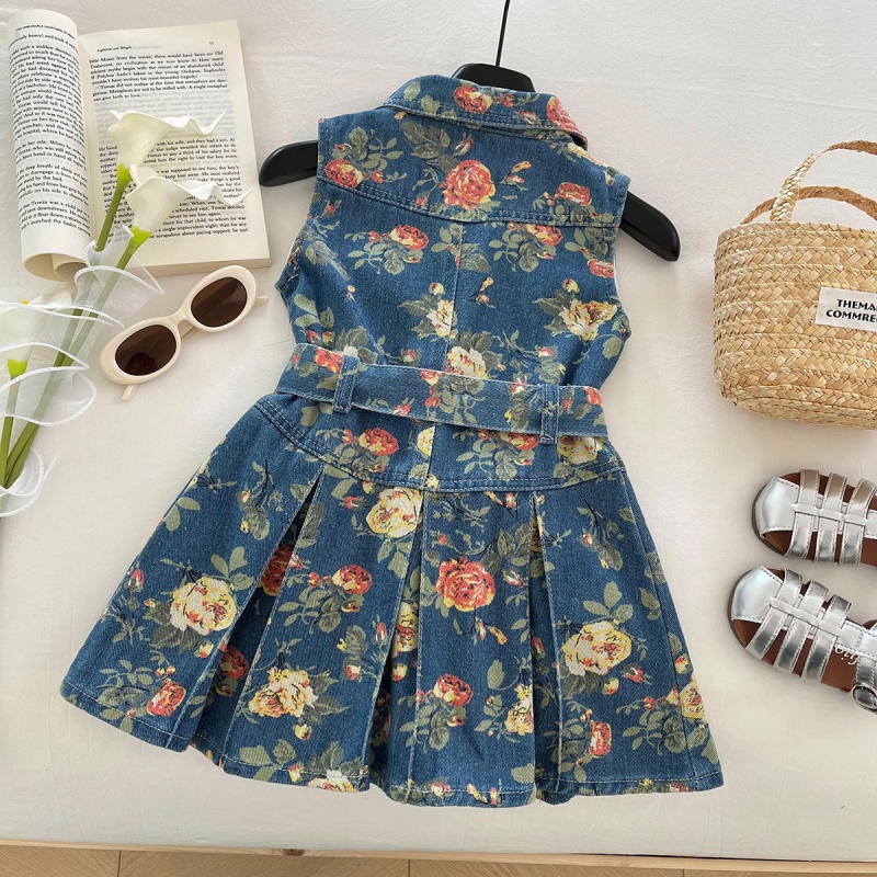 Baby Toddler Girl Floral Print Vest Denim Dress