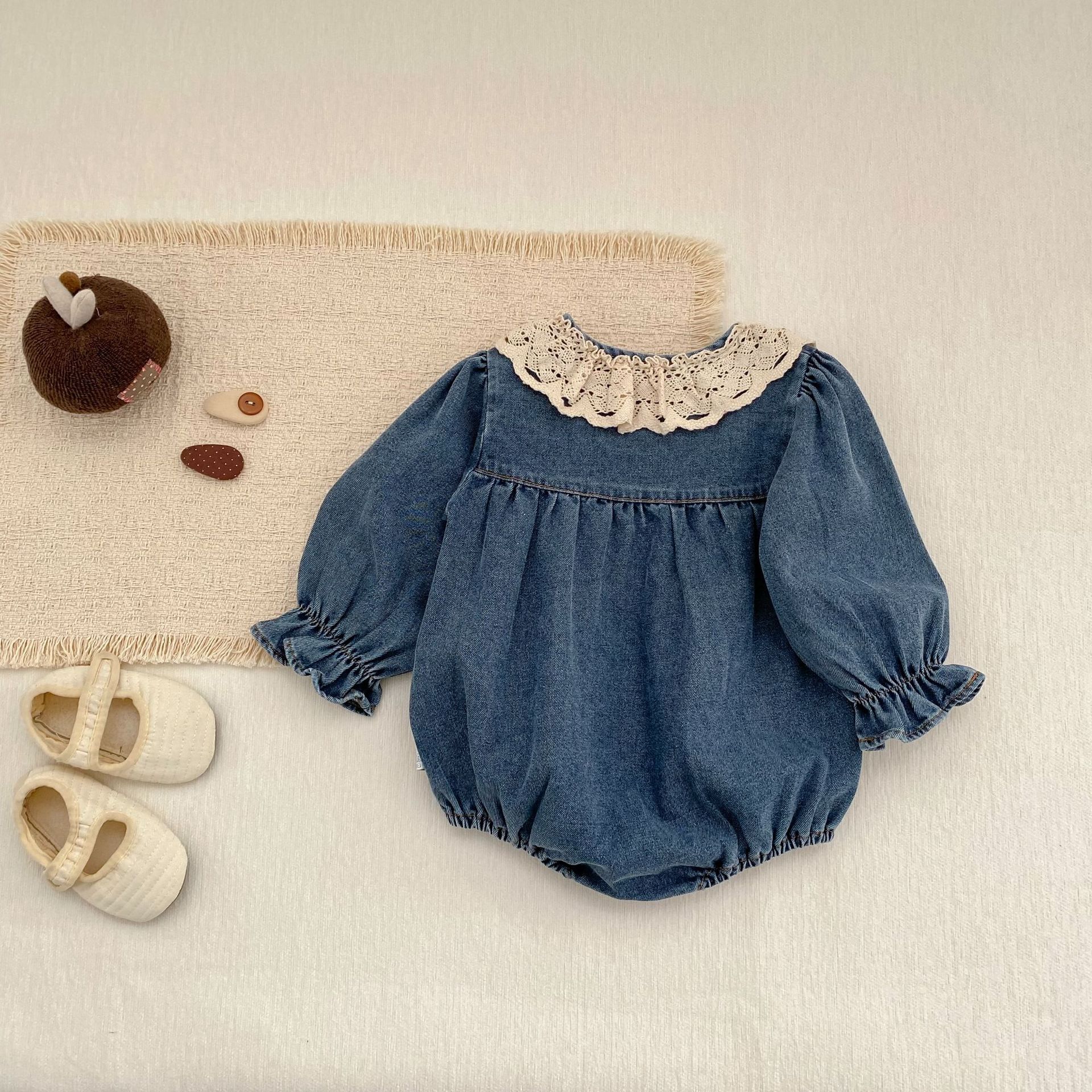 Lace-trimmed Peter Pan Collar Denim Romper