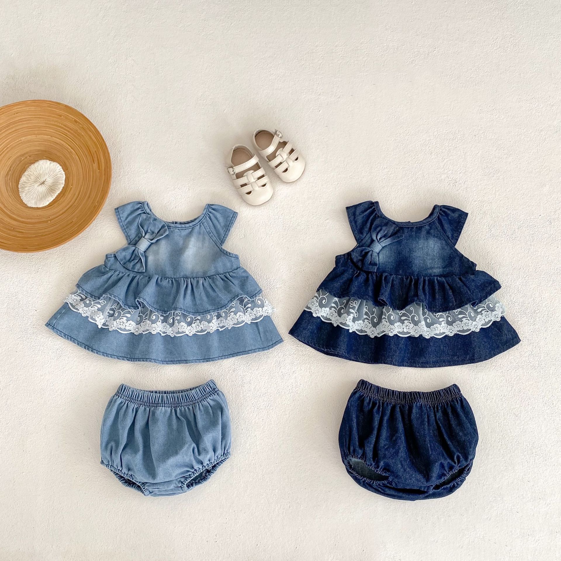 Baby Bow Tie Denim Dress and Shorts Set