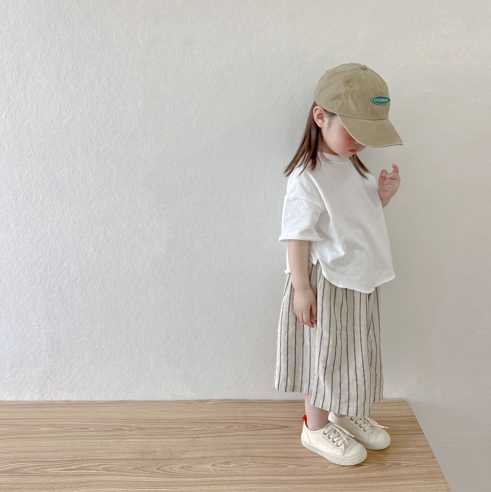 Kids White T-shirt and Stripe Pants Set