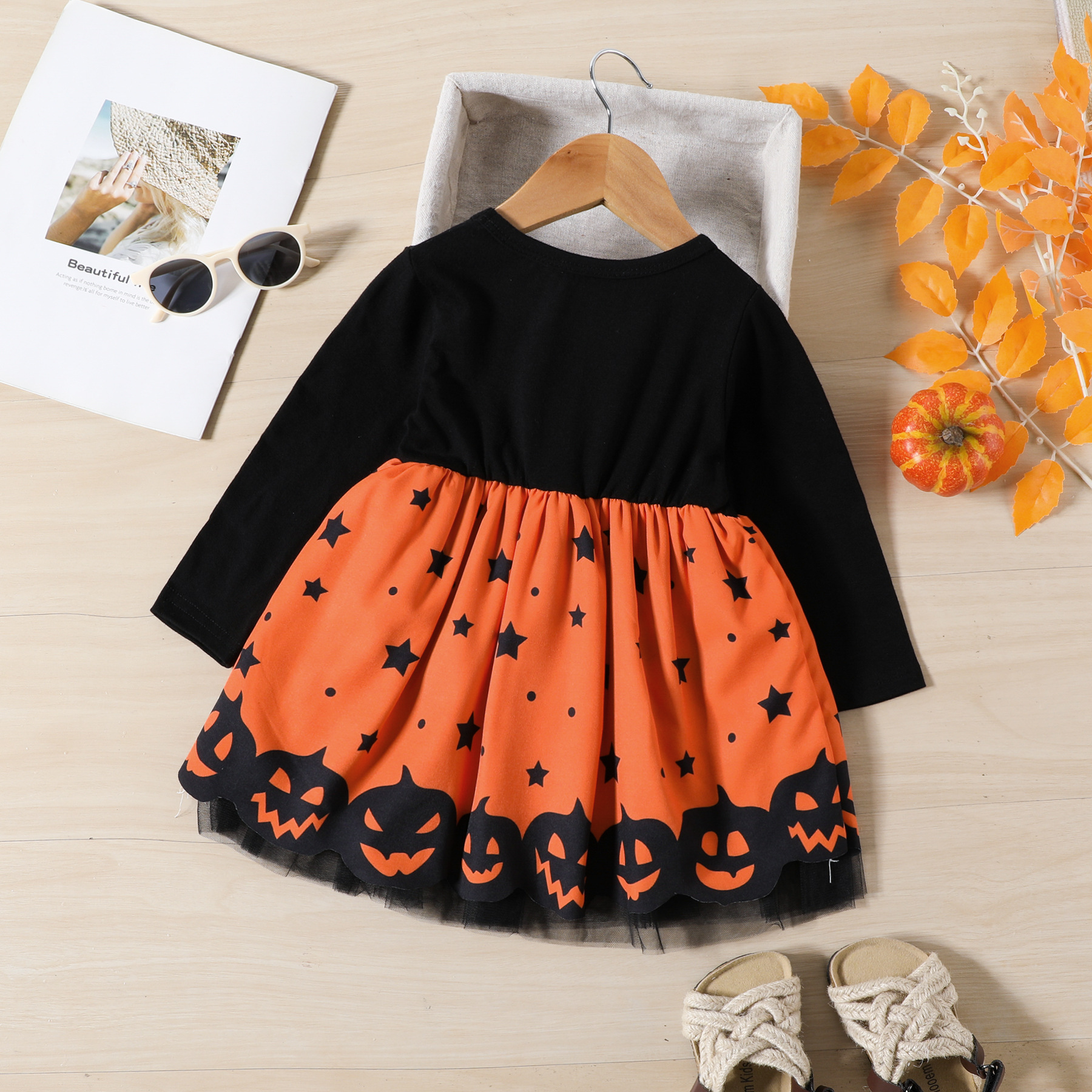 Kids Halloween Long-Sleeve Contrasting Colors Bow Dress