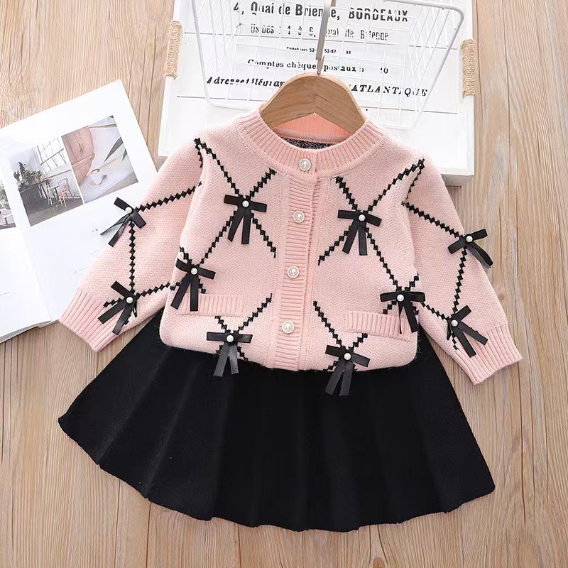 Kids Plaid Bow Sweater Cardigan and Bell Pants/Skirt Set
