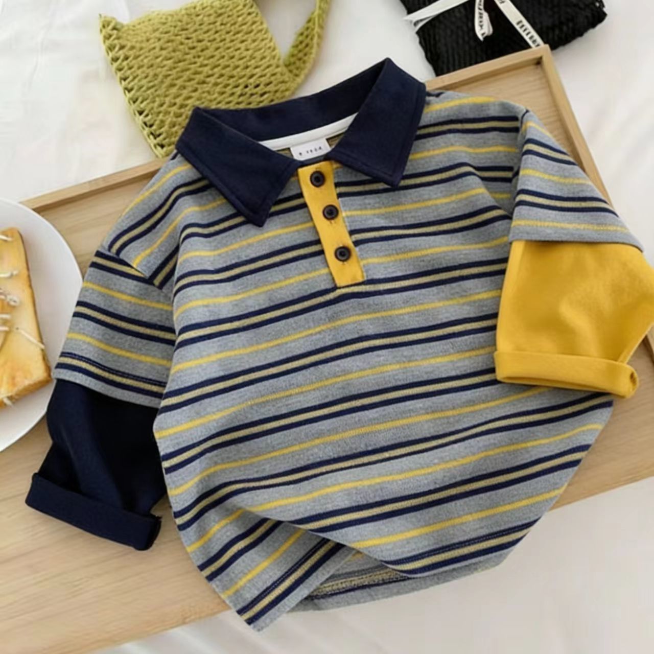 Kids Color Block Striped Faux Two-Piece Polo T-shirt