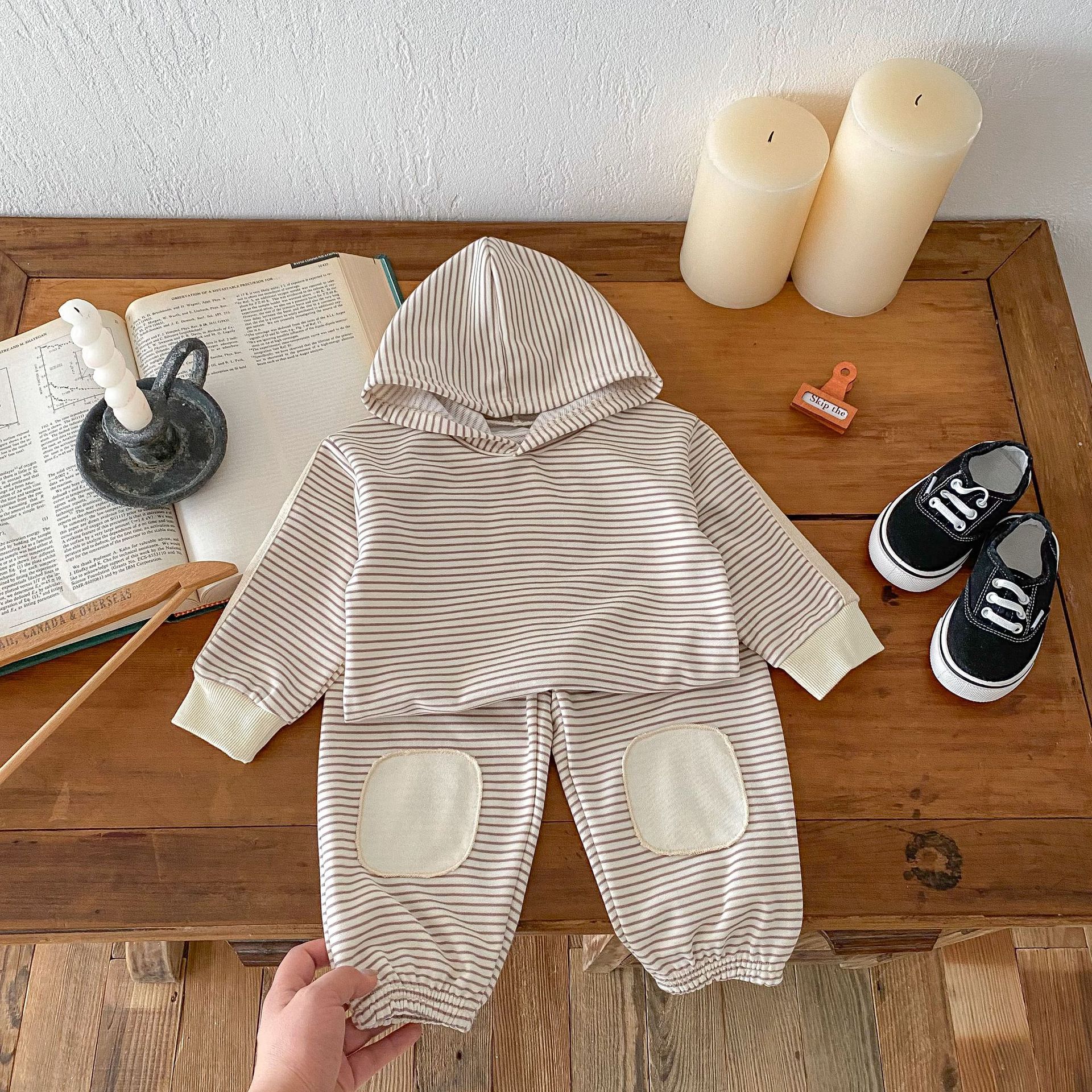 Striped Patch Hooded Sweatshirt And Pants Set