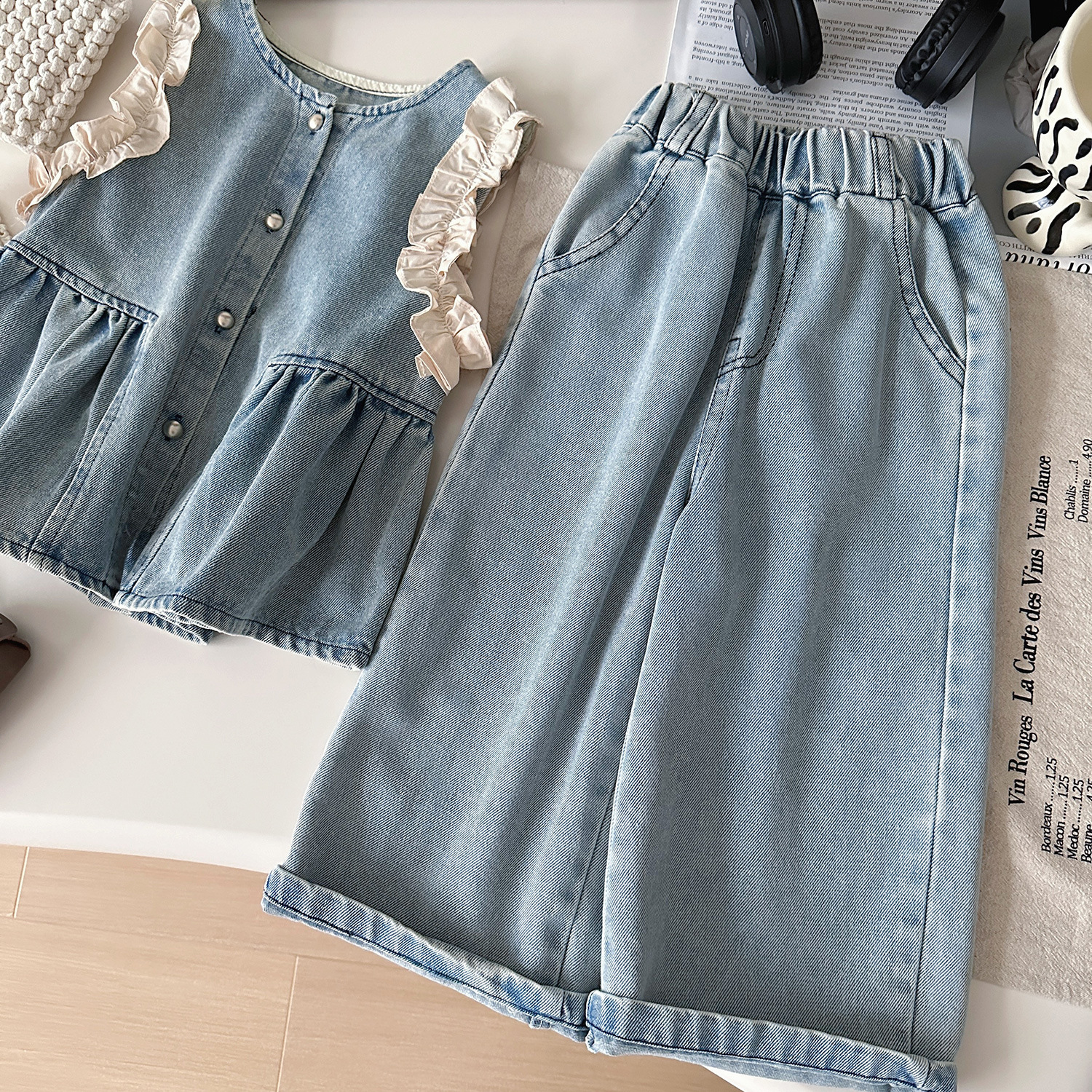 Kids Ruffled Puff Sleeves Denim 3-Piece Set