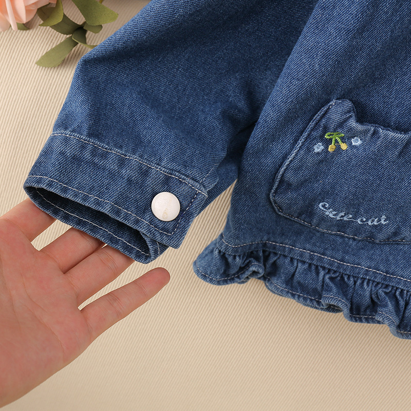 Kids Cat Bow Ruffle Trim Denim Outerwear