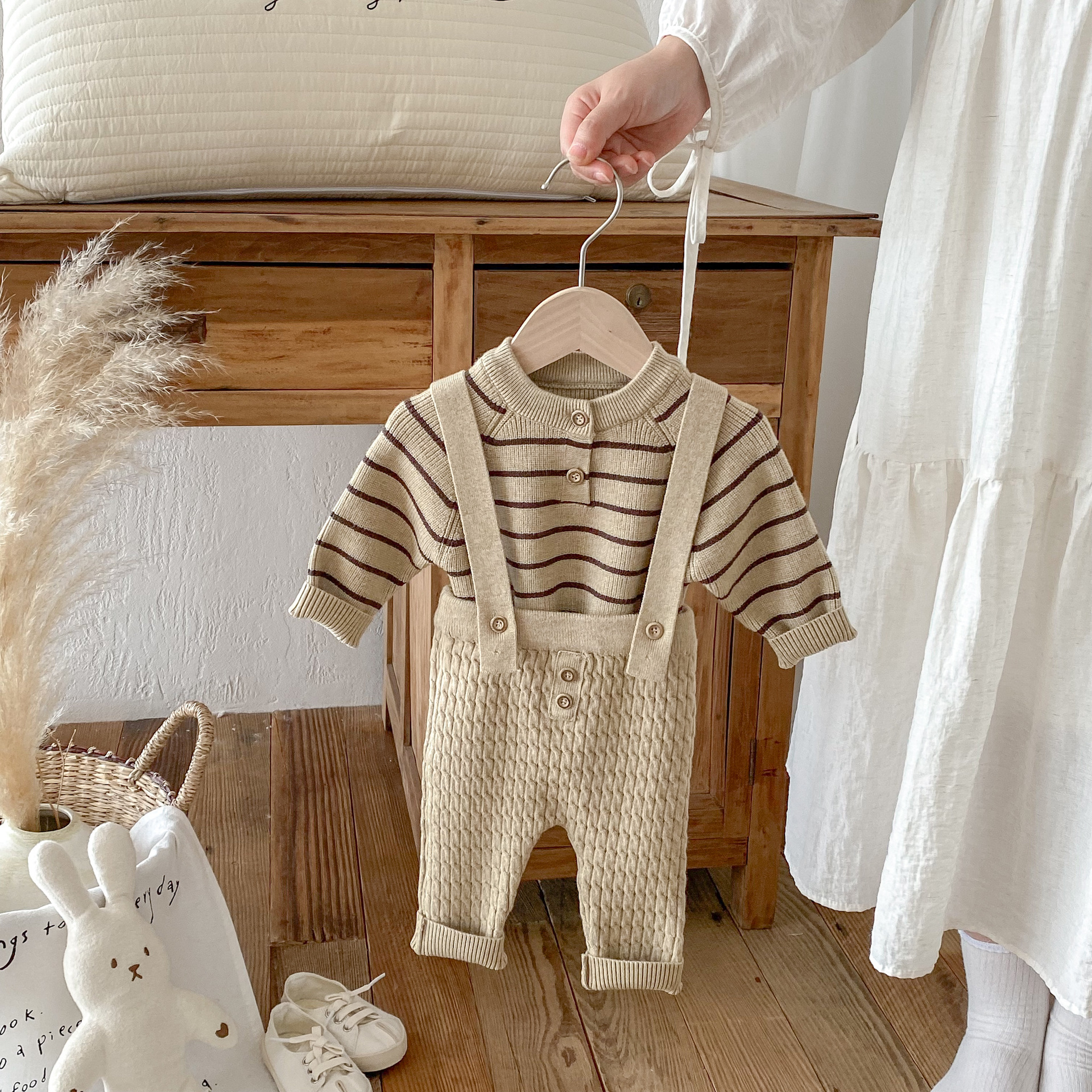 Baby Striped Sweater Overalls Set