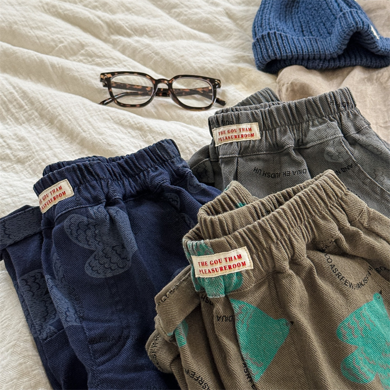 Kids Bird Letter Print Washed Denim Pants