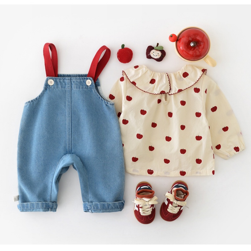 Baby Apple Embroidered Denim Overalls