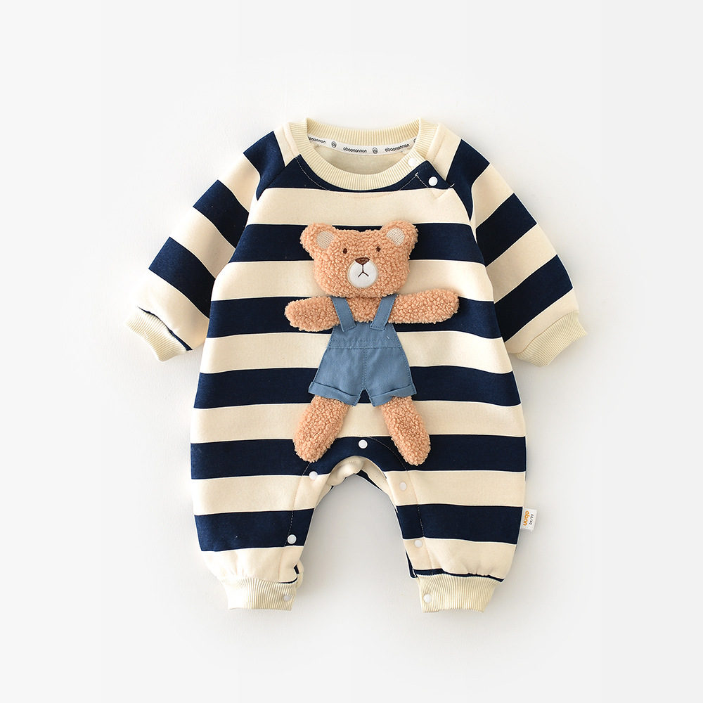Baby Striped Bear Fleece Lined Romper