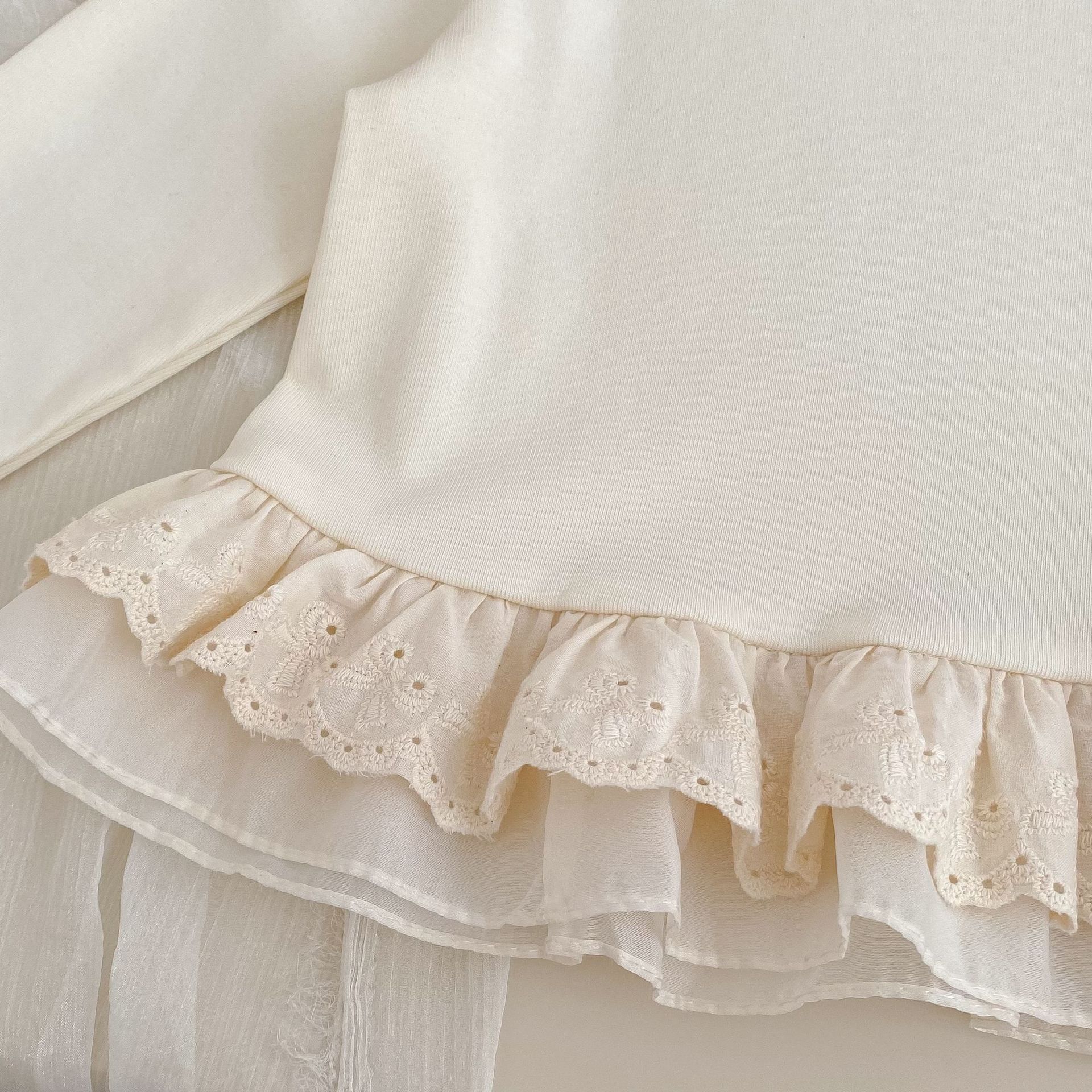 Baby Toddler Girl Solid Color White Lace Top/Blue Denim Pants