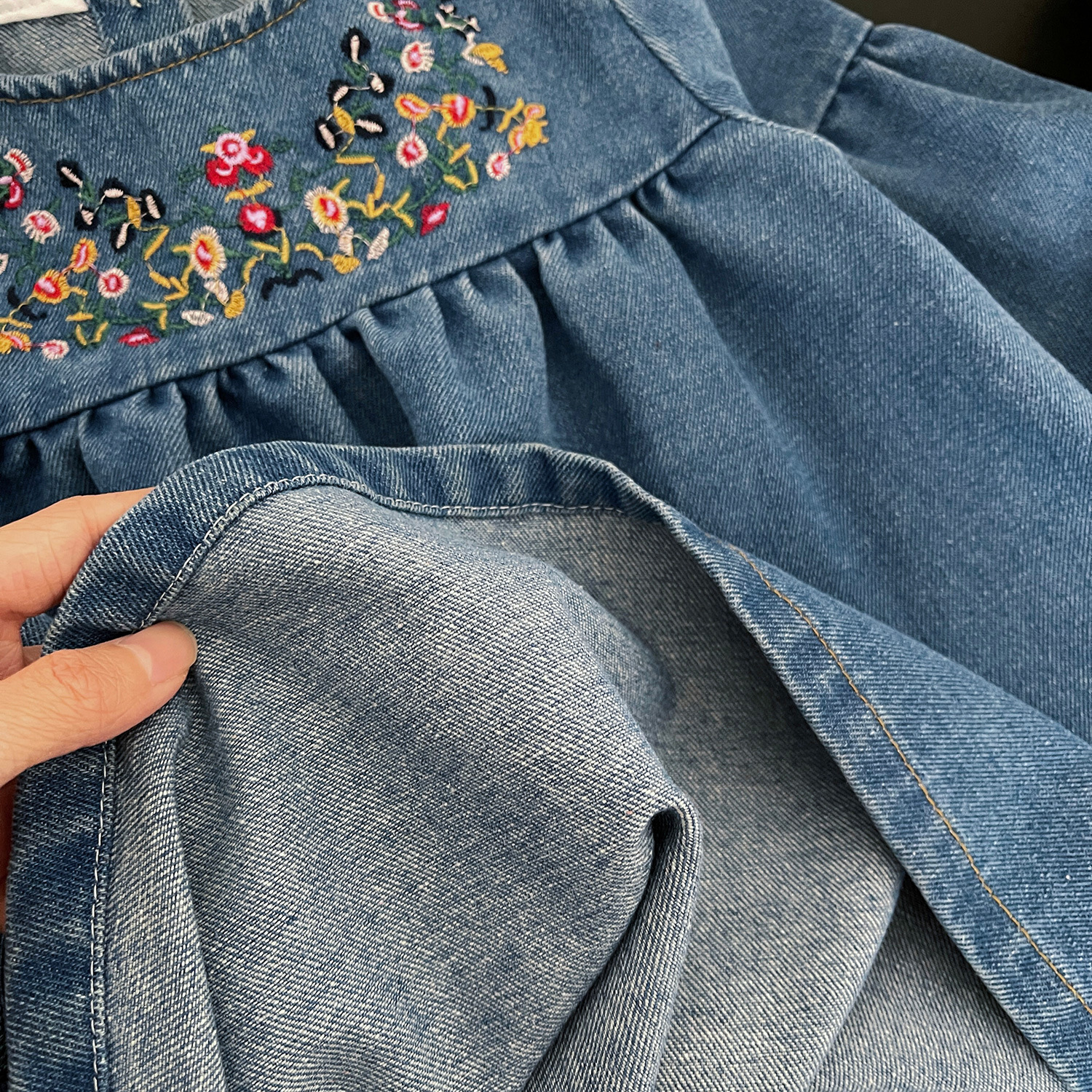 Toddler Kid Girl Floral Embroidered Denim Dress