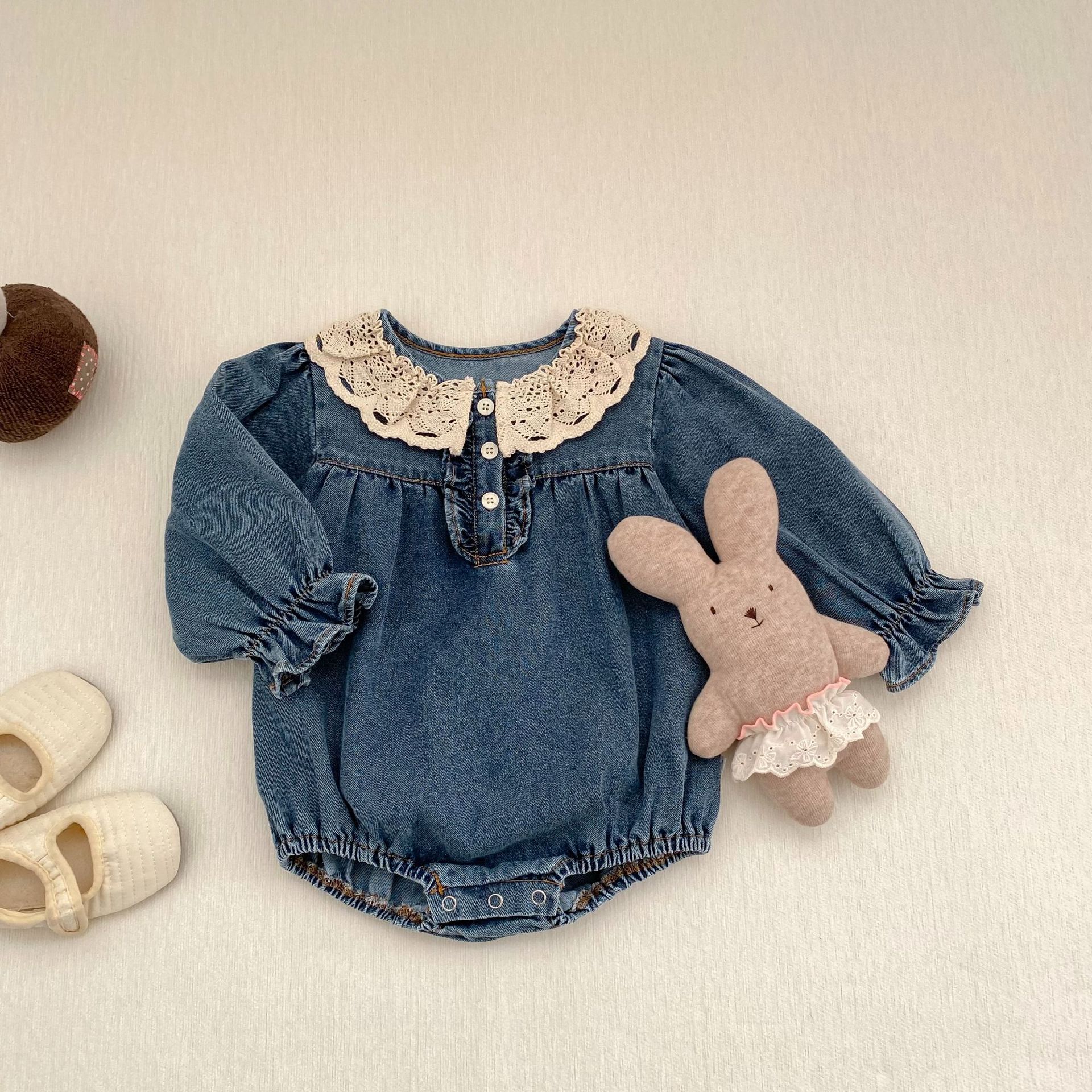 Lace-trimmed Peter Pan Collar Denim Romper