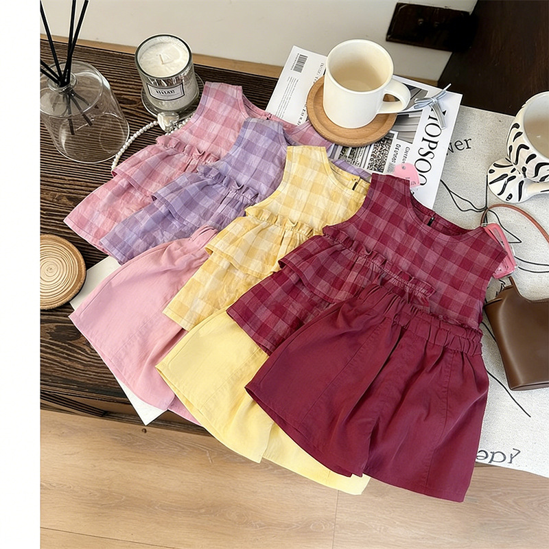 Kid Girls Plaid Sleeveless Vest and Shorts 2-piece Set