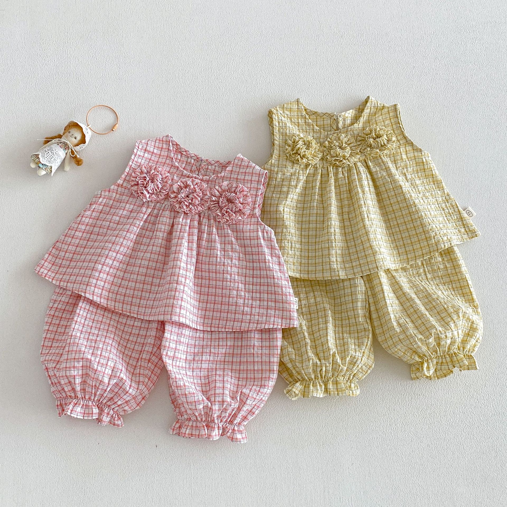 Baby & Kids Girls Flowers Plaid 2-piece Denim Set