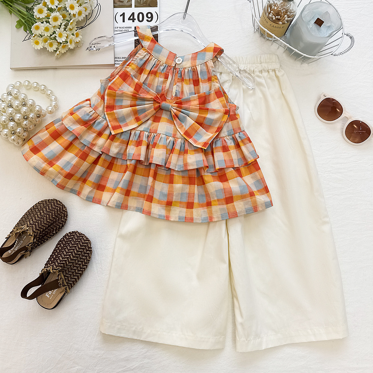 Toddler Kid Girls Orange Gingham Bow Tank Top and Solid White Pants Set