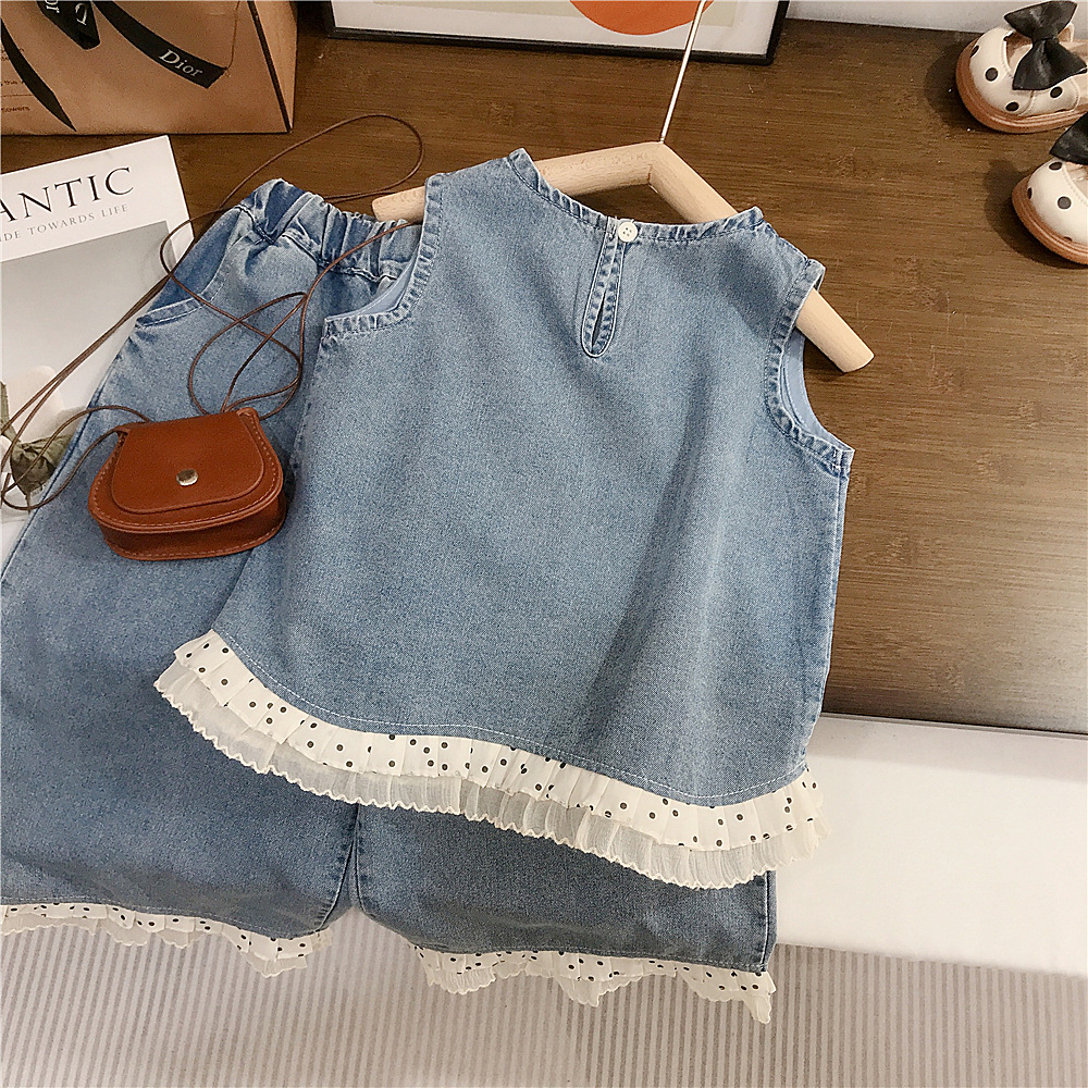 Kids Polka-Dot Lace Denim Top and Pants Set