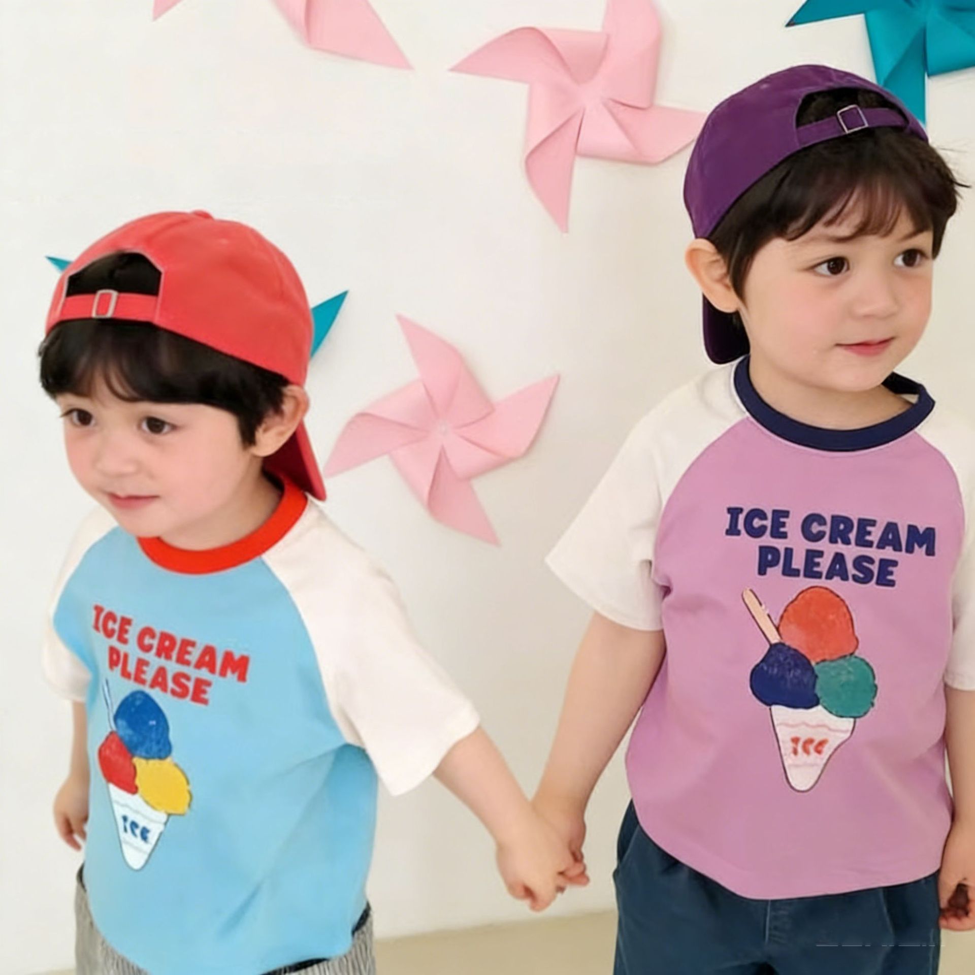 Kids Cartoon Letter Contrasting Colors Crew Neck T-shirt