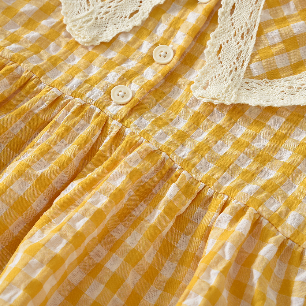 Kids Lace Trimmed Turnover Collar Plaid Top and Shorts Set