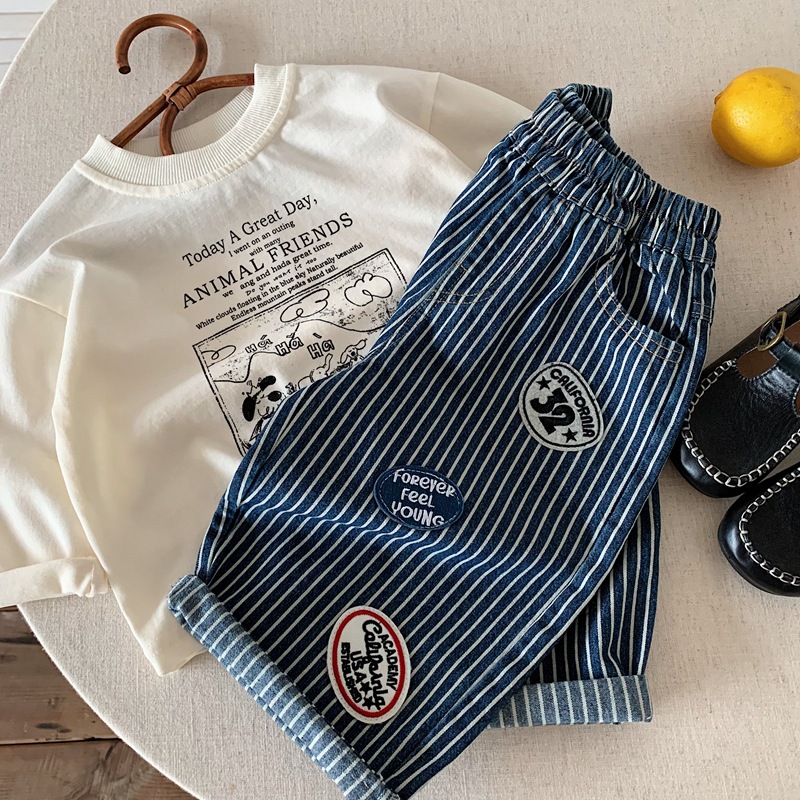 Kids Striped Labeling Straight-Leg Denim Pants