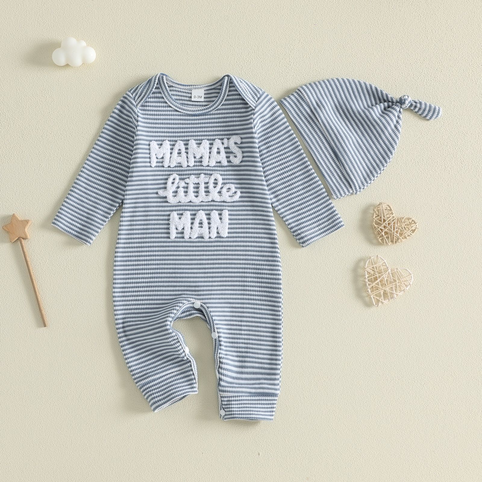 DAD'S LITTLE DUDE Baby Waffle Letter Embroidery Stripe Onesie with Hat
