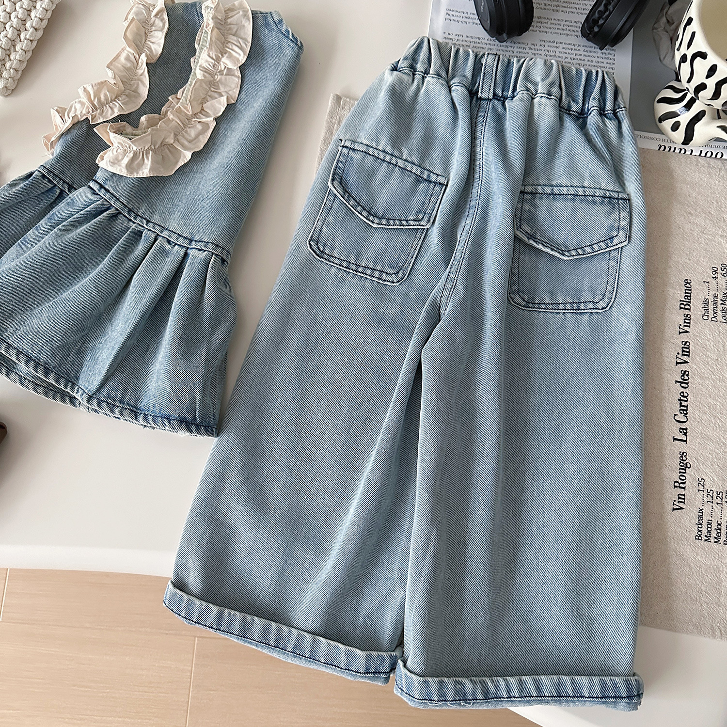 Kids Ruffled Puff Sleeves Denim 3-Piece Set
