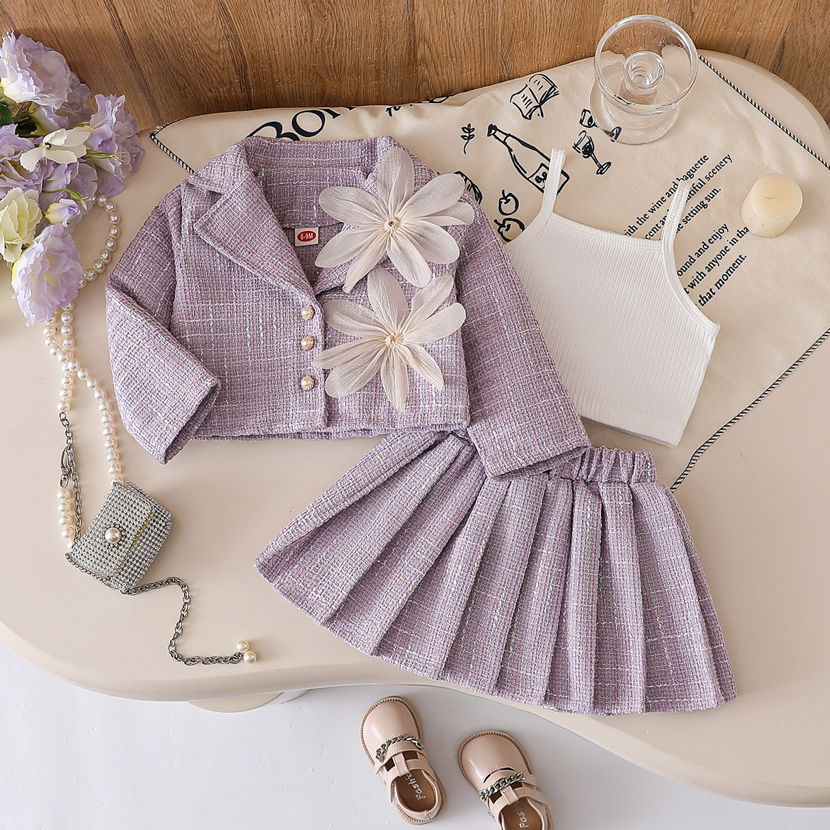 Baby Flowers Outerwear and Pleated Skirt 3-Piece Set