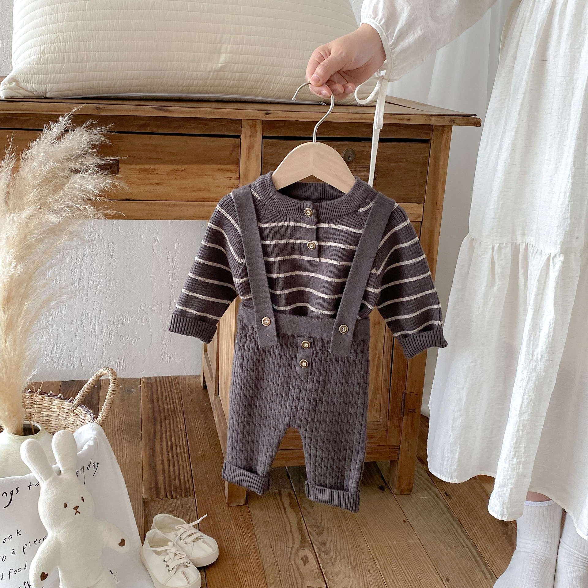 Baby Striped Sweater Overalls Set
