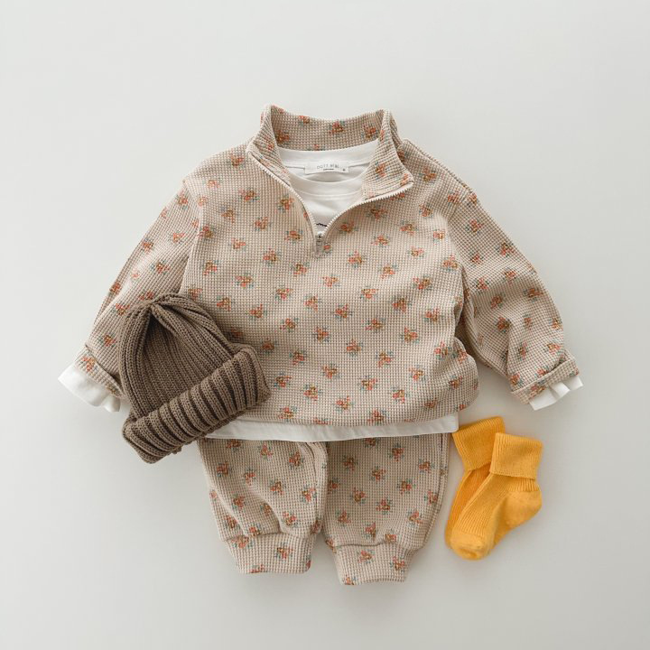 2 Piece Stand Collar Floral Waffle Sweatshirt Set