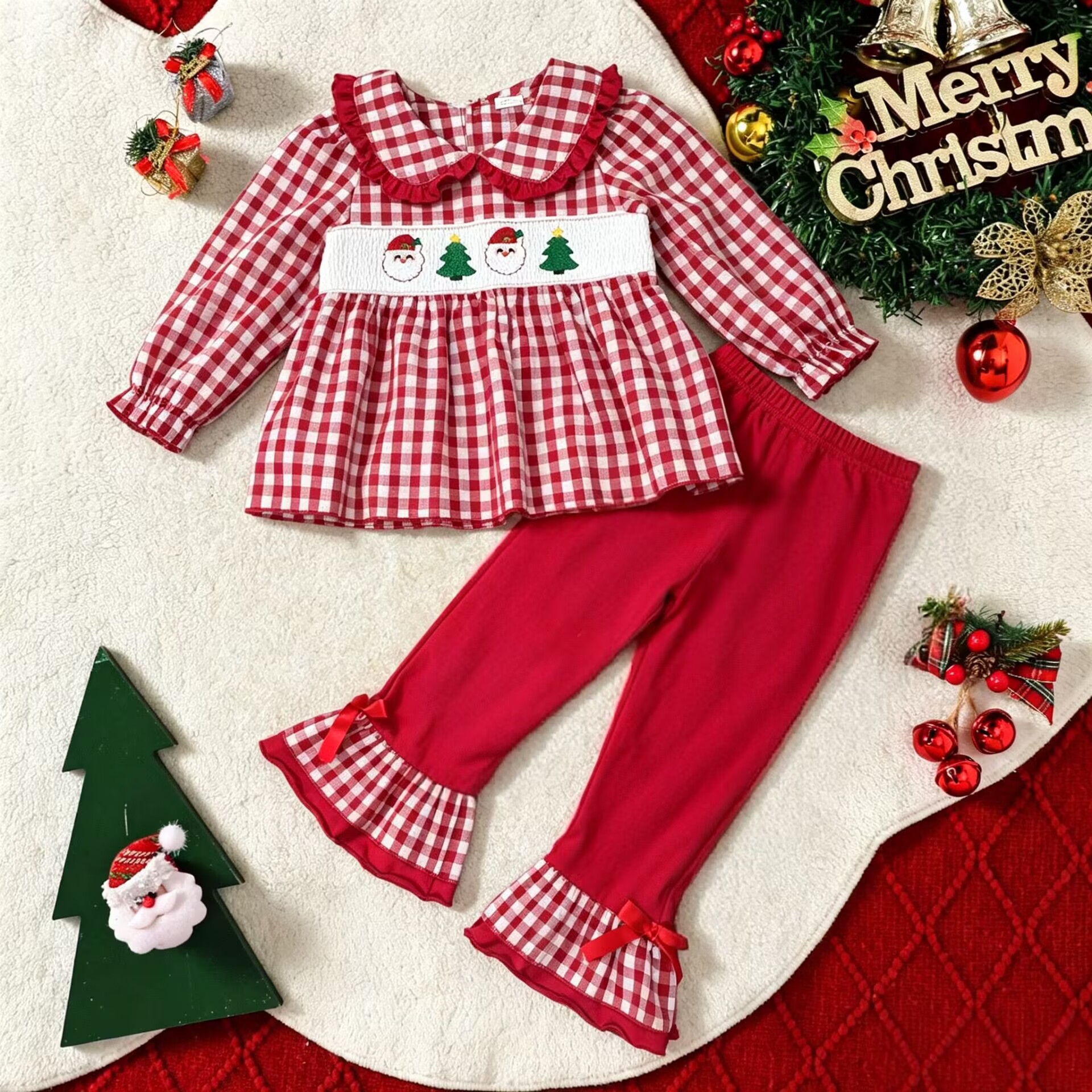 Kids Christmas Checkered Embroidery Lace Bow 2-Piece Set